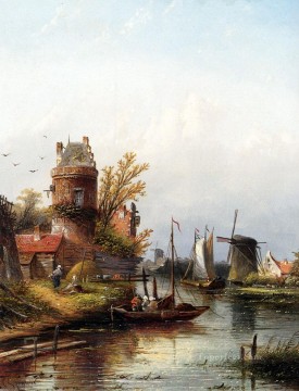 Vue De Buiksloot Pres D Amsterdam boat Jan Jacob Coenraad Spohler Landscapes stream Oil Paintings